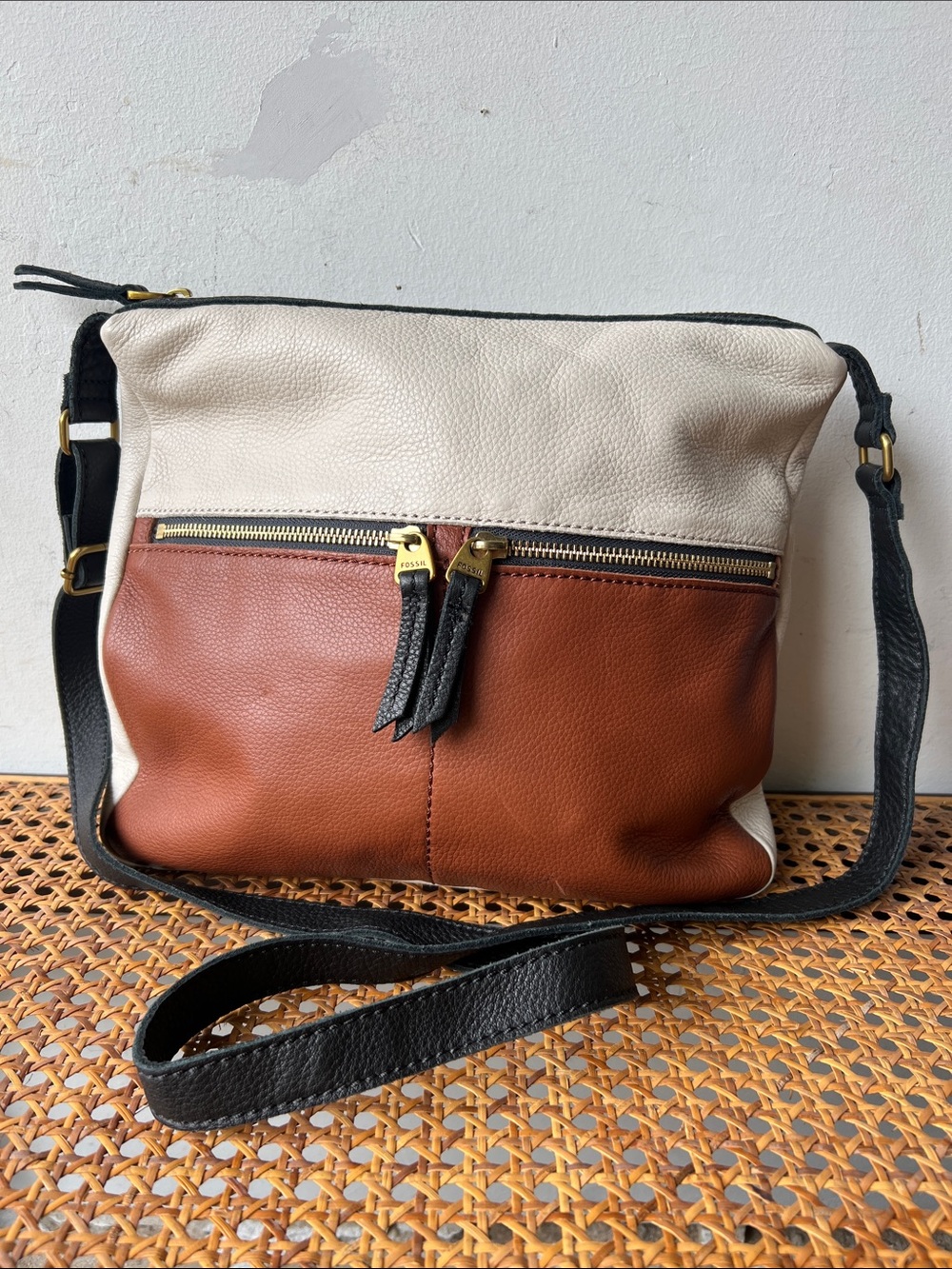 Fossil Two-Tone Leather Crossbody — Ivory, Brown & Black